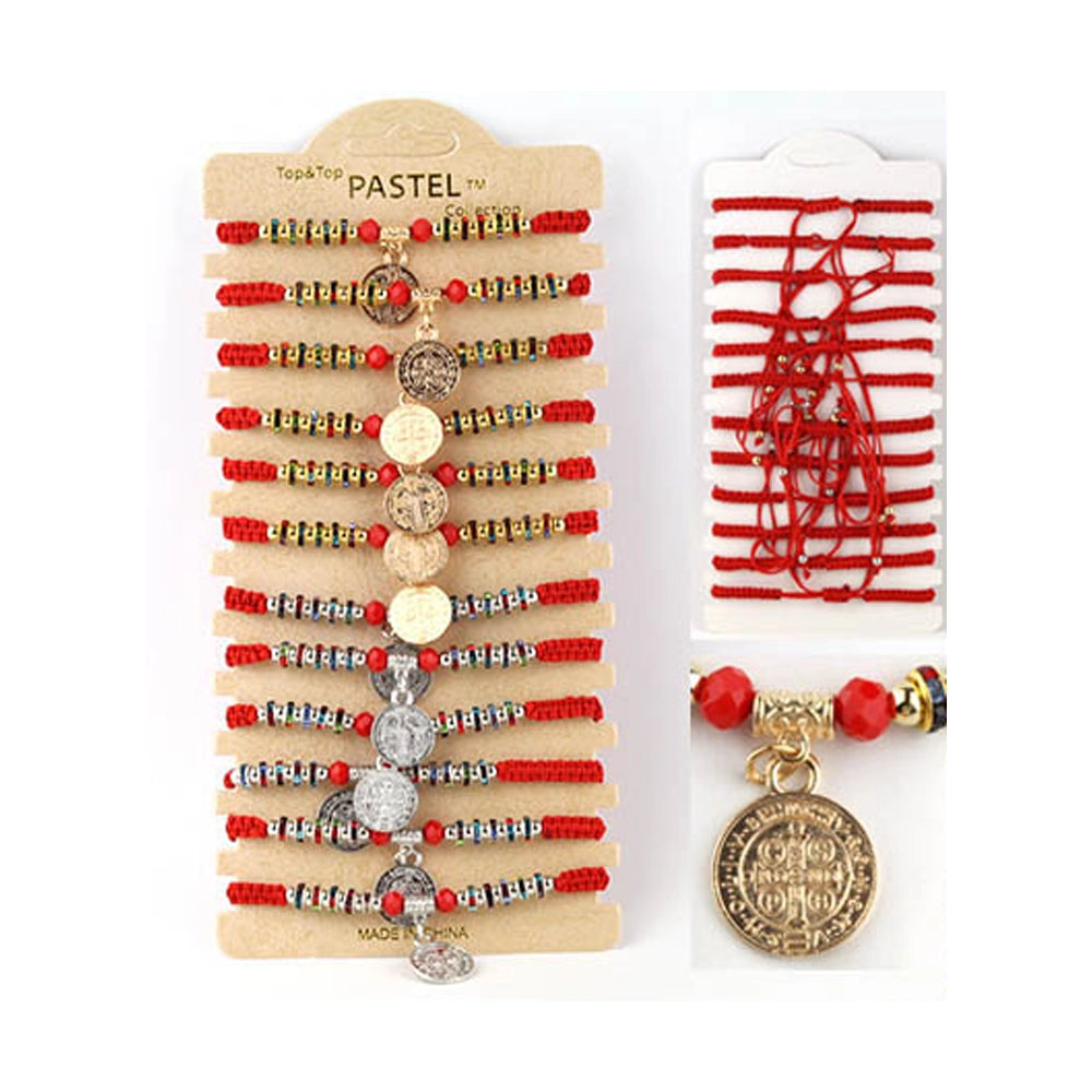 Saint Benedict Medal Red String Bracelet Set (12-Pack) - Adjustable Protection