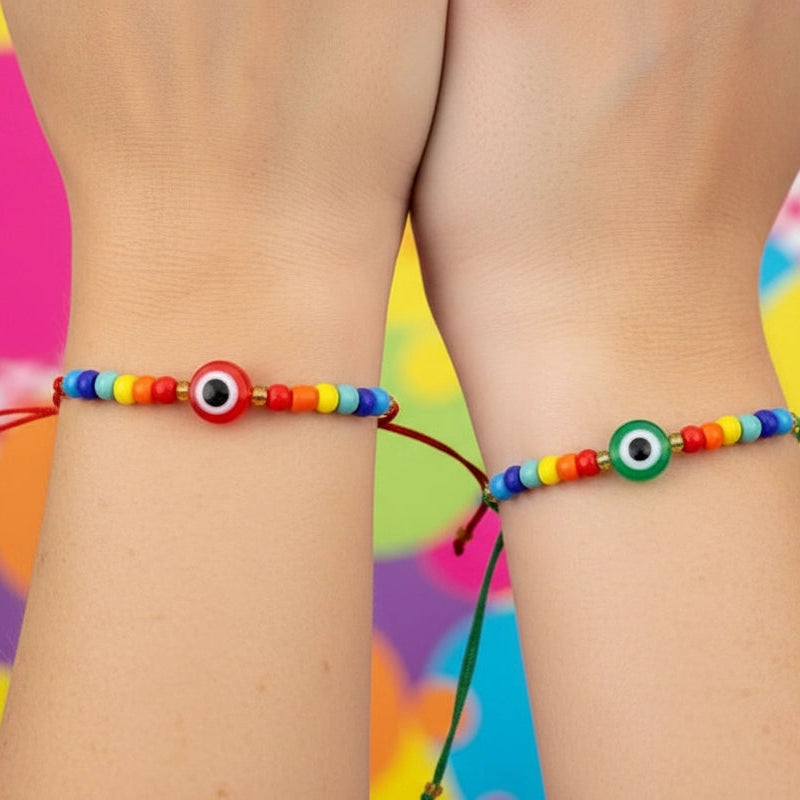 Rainbow Evil Eye Protection Bracelet Set (12-Pack) - Adjustable