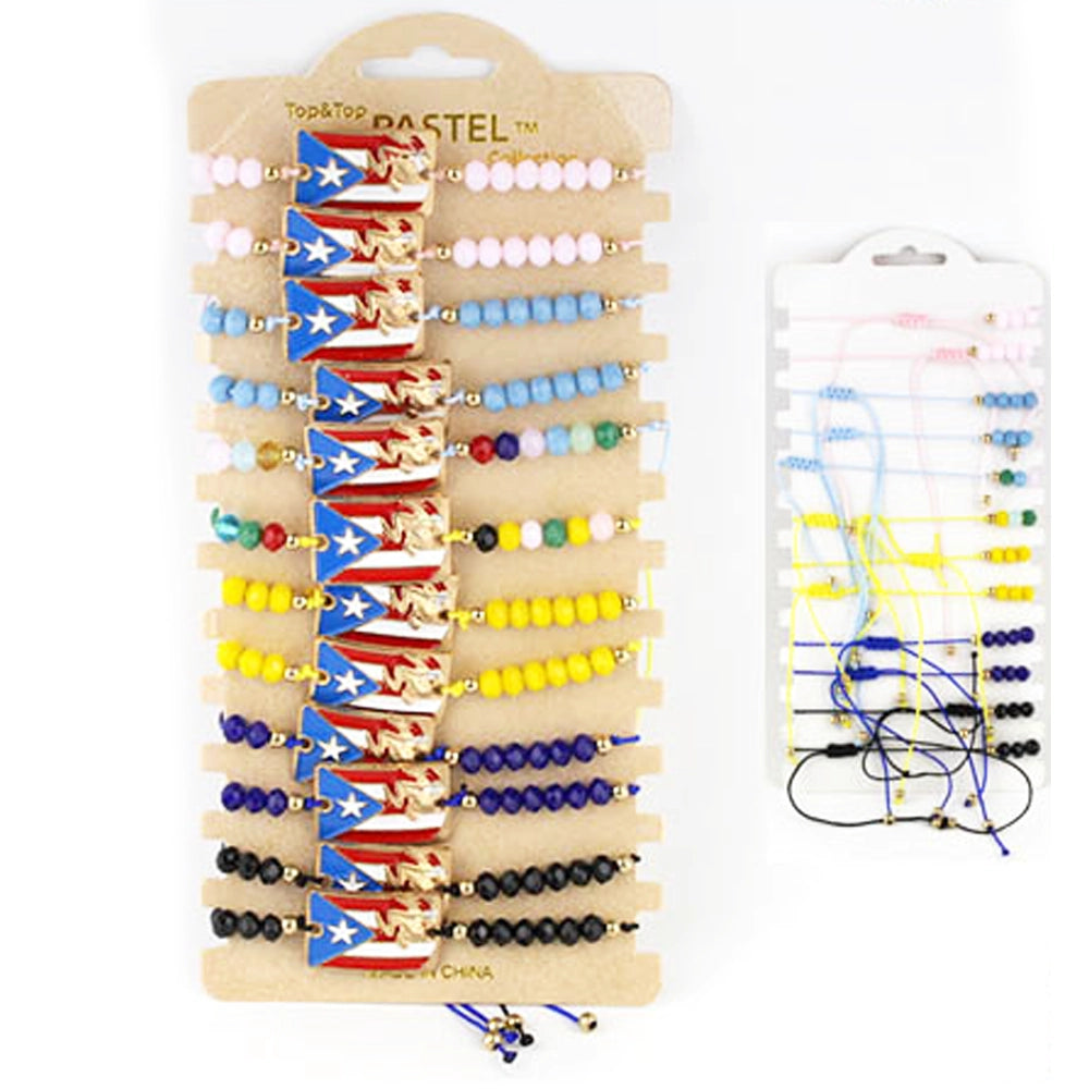 Puerto Rico Flag Charm Beaded Bracelet Set (12 Pack)