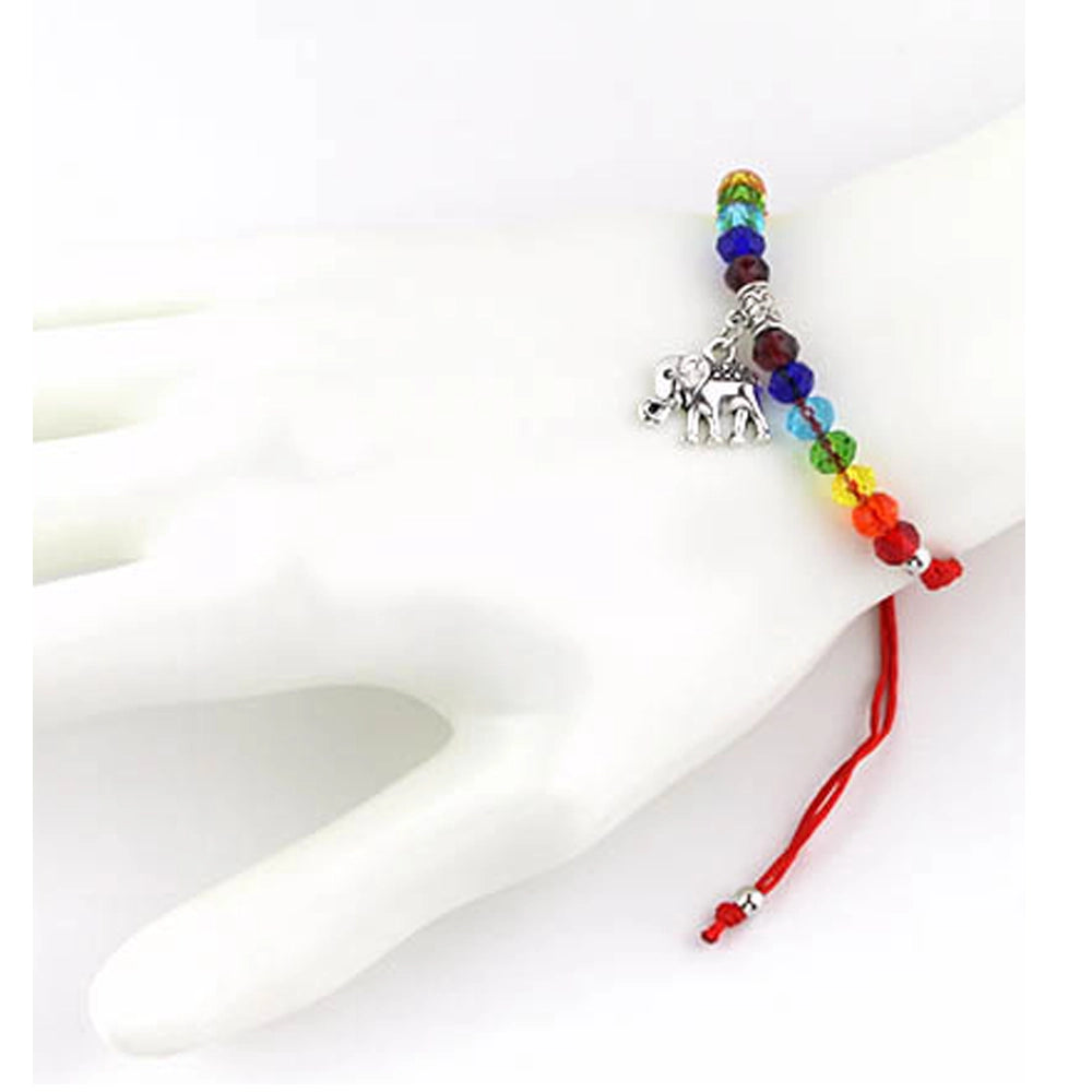 7 Chakra Crystal Elephant Charm Bracelet - Red String Kabbalah Adjustable