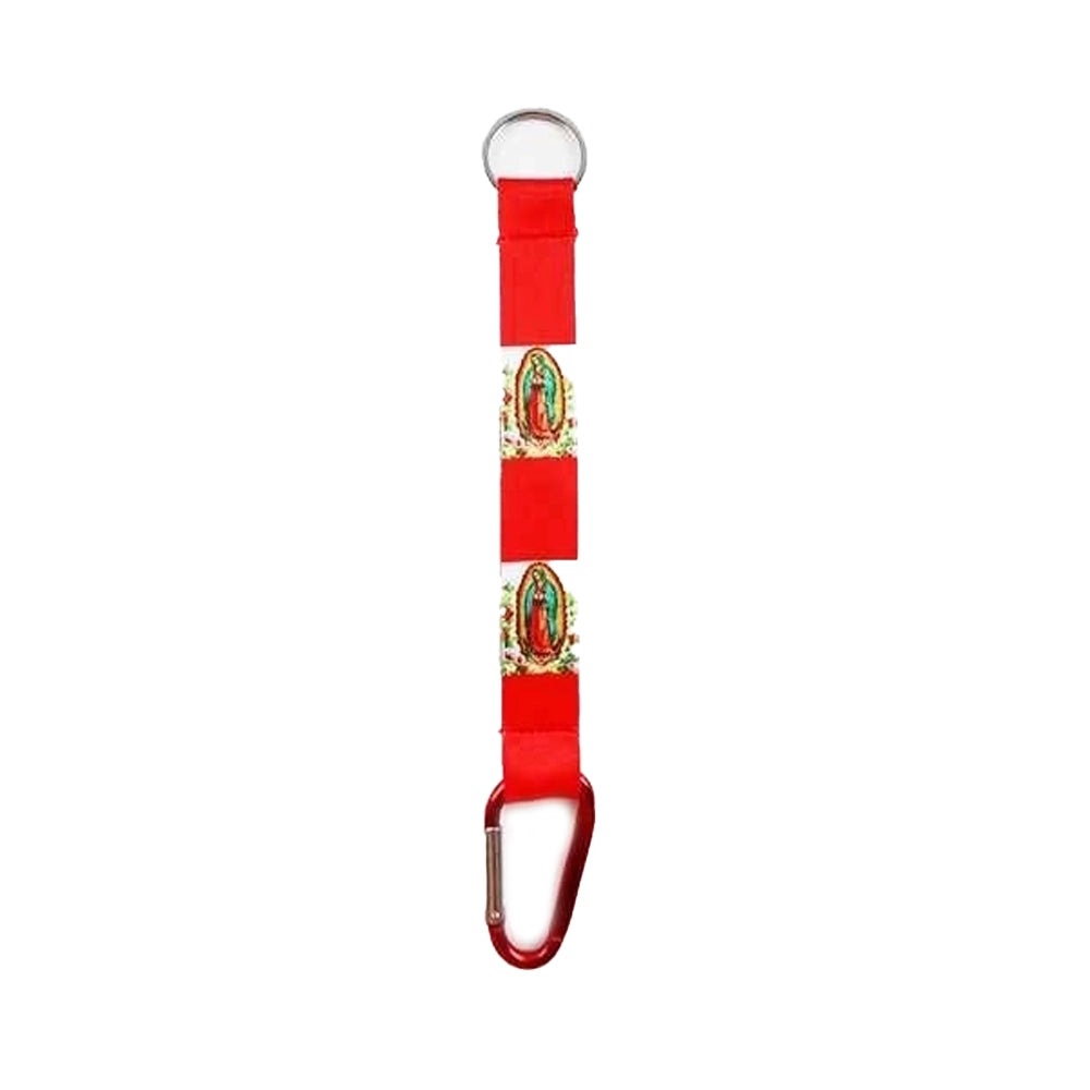 Our Lady of Guadalupe Lanyard Keychain with Carabiner Clip - Religious Ribbon Keyring - Red & Green (ETC-2363)