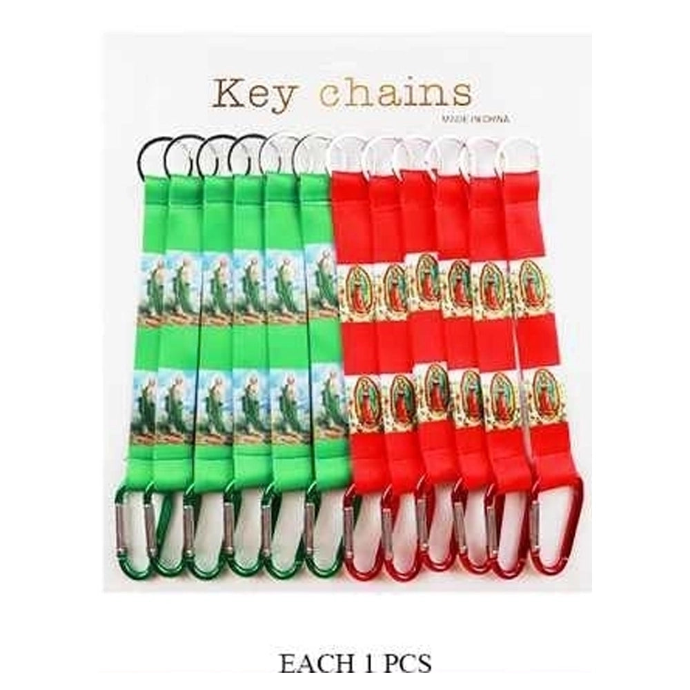 Our Lady of Guadalupe Lanyard Keychain with Carabiner Clip - Religious Ribbon Keyring - Red & Green (ETC-2363)