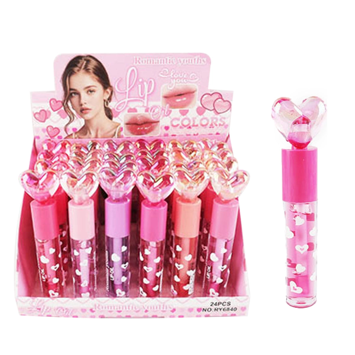 Romantic Youths Heart-Top Glossy Lip Oil - 24pc Display Set (ETC-3125)