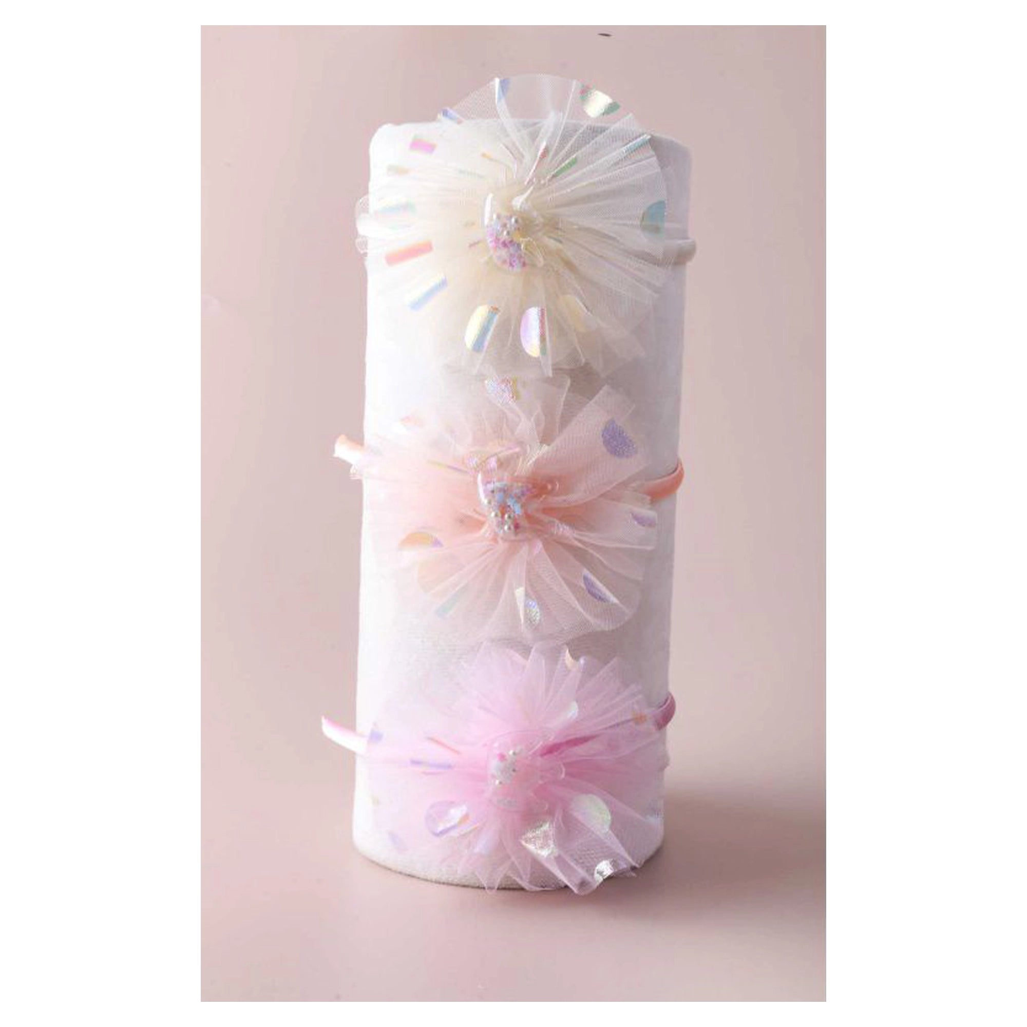 Kids Pink Tulle Pom-Pom Headband - Iridescent Sparkle Hair Accessory (FHK1401)