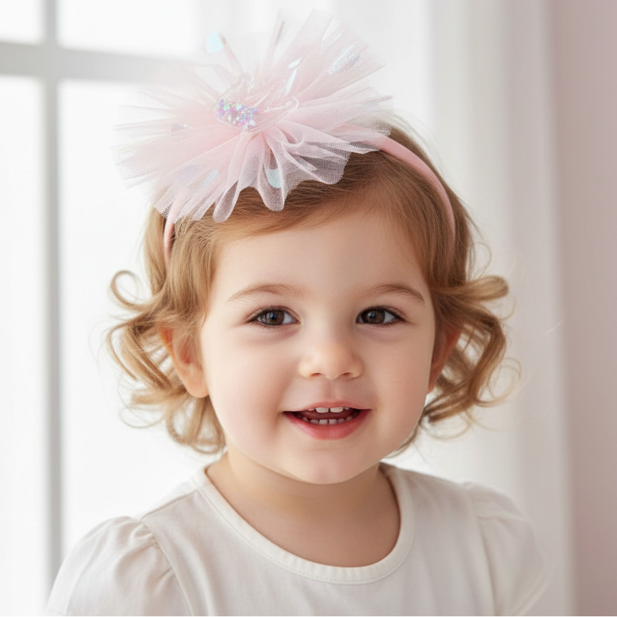 Kids Pink Tulle Pom-Pom Headband - Iridescent Sparkle Hair Accessory (FHK1401)
