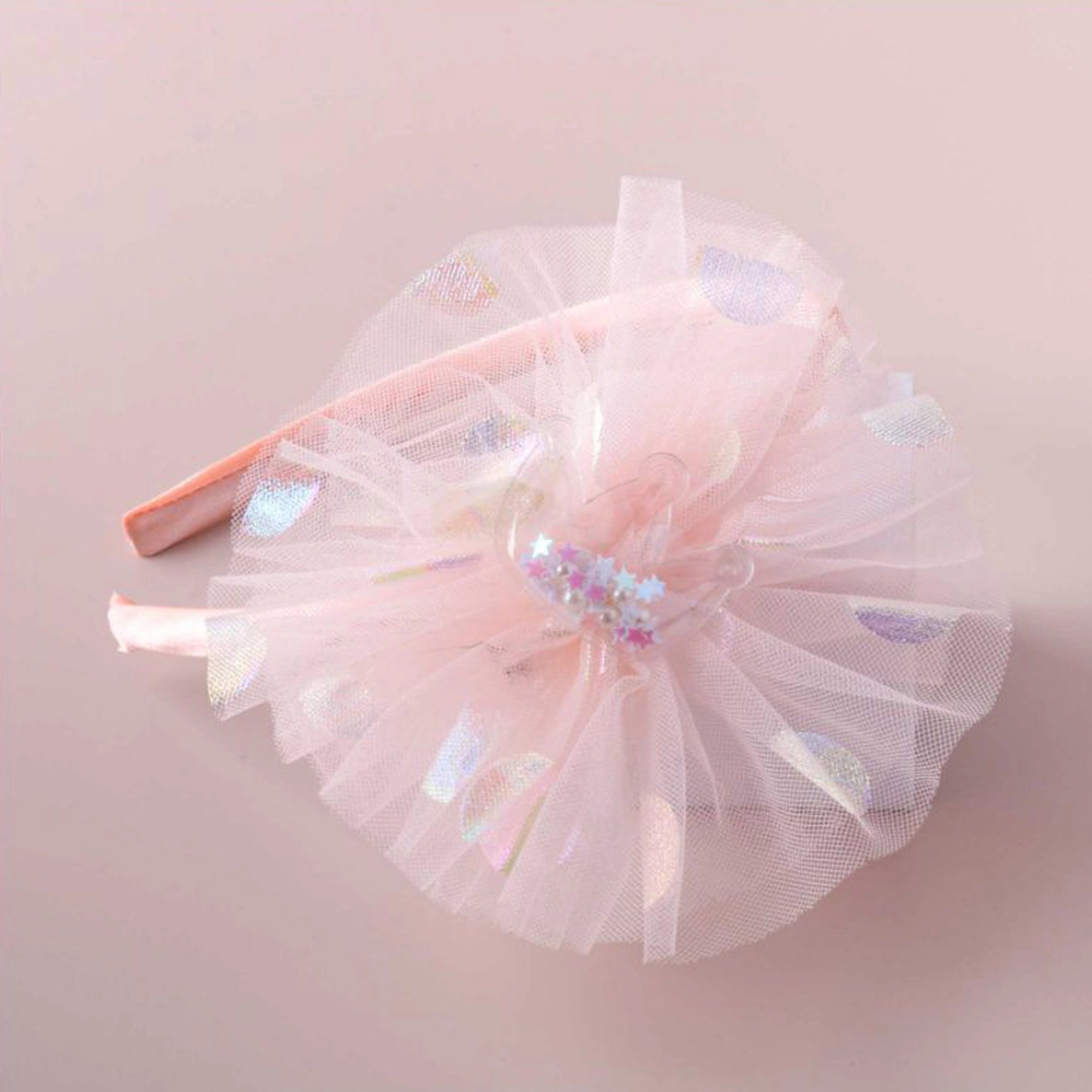 Kids Pink Tulle Pom-Pom Headband - Iridescent Sparkle Hair Accessory (FHK1401)