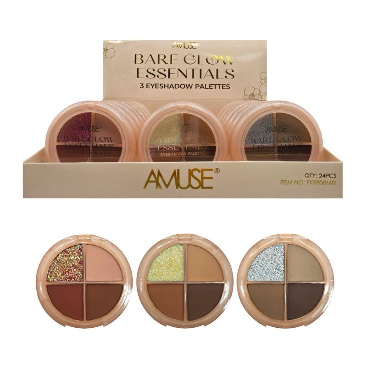 Amuse Bare Glow Essentials 4-Color Eyeshadow Palette Display Set – 3 Color Variations