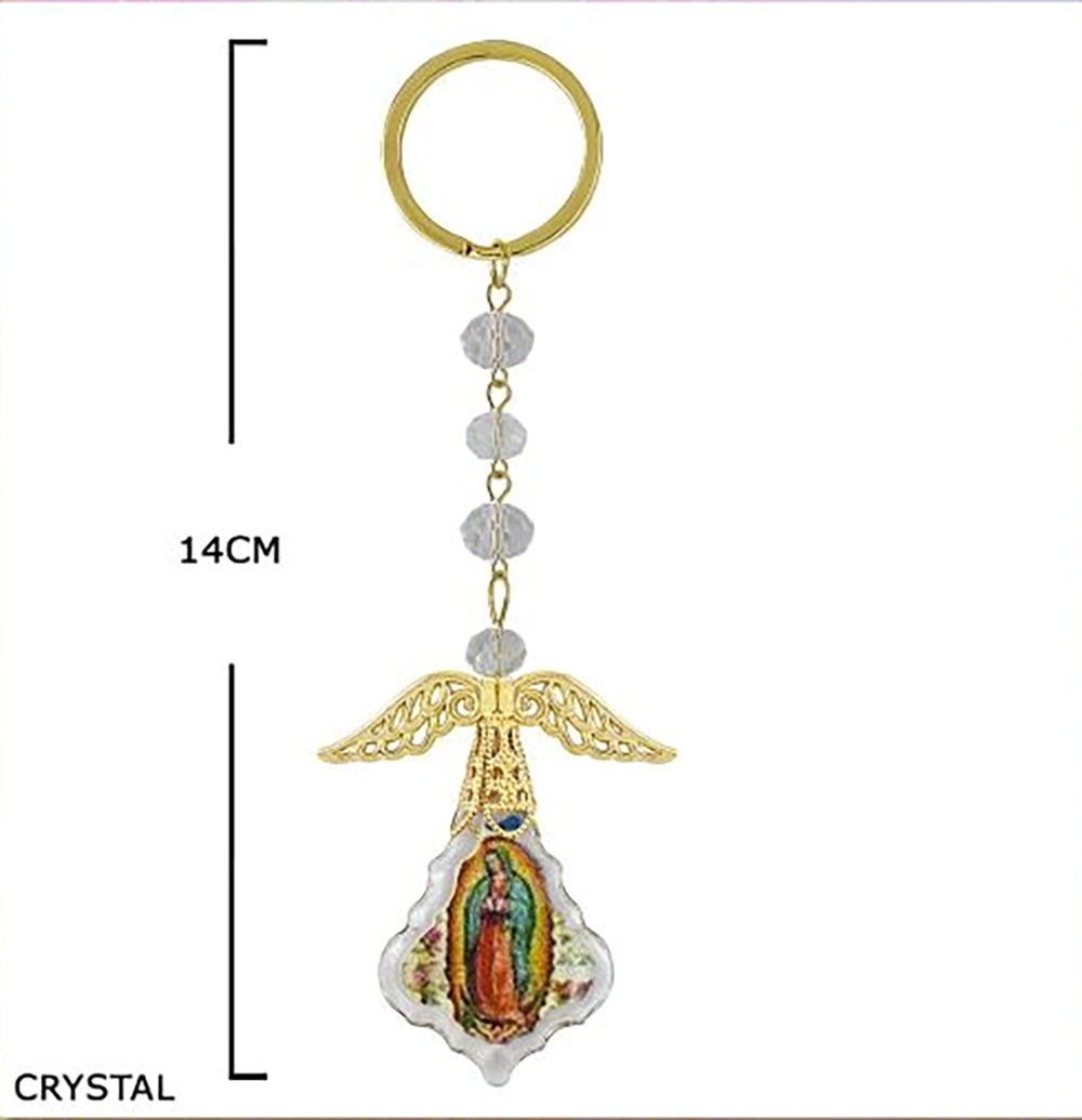 Angel Wing Crystal Keychain with Religious Pendant – 14cm Gold-Tone Spiritual Keyring (GMR-337)