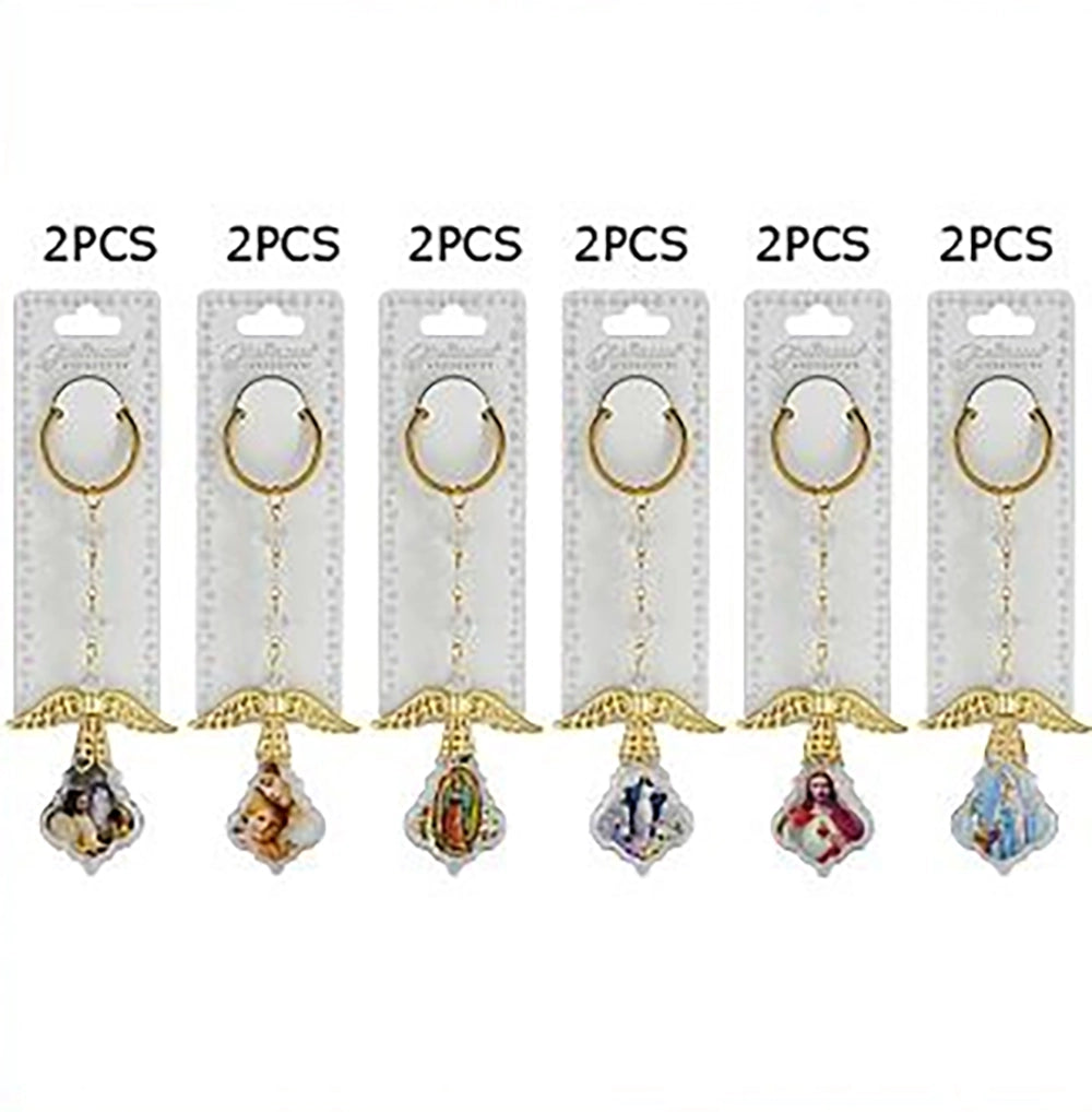Angel Wing Crystal Keychain with Religious Pendant – 14cm Gold-Tone Spiritual Keyring (GMR-337)