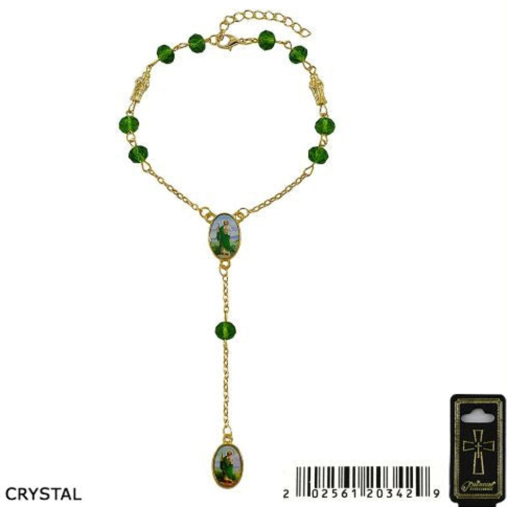 St. Jude Thaddeus Green Crystal Rosary Bracelet – Gold & Silver Tone (GMR-342)