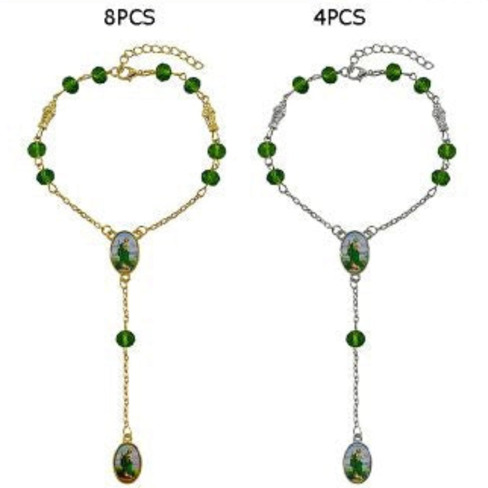 St. Jude Thaddeus Green Crystal Rosary Bracelet – Gold & Silver Tone (GMR-342)