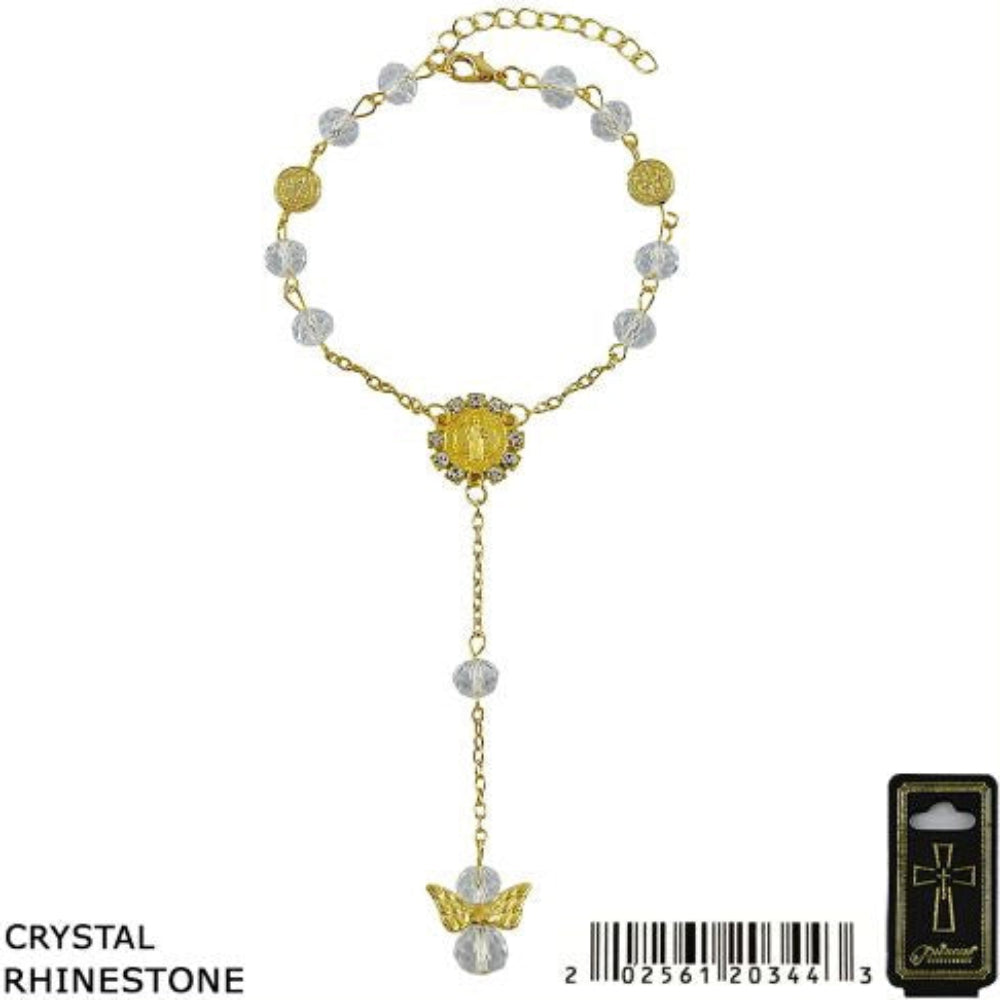 Crystal Rhinestone Rosary Bracelet with Angel Wing Charm – Religious Jewelry in Gold & Silver Tone (GMR-344)