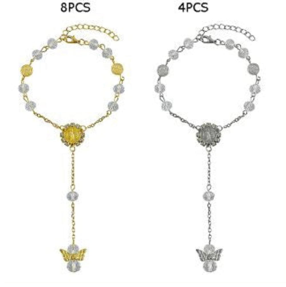 Crystal Rhinestone Rosary Bracelet with Angel Wing Charm – Religious Jewelry in Gold & Silver Tone (GMR-344)