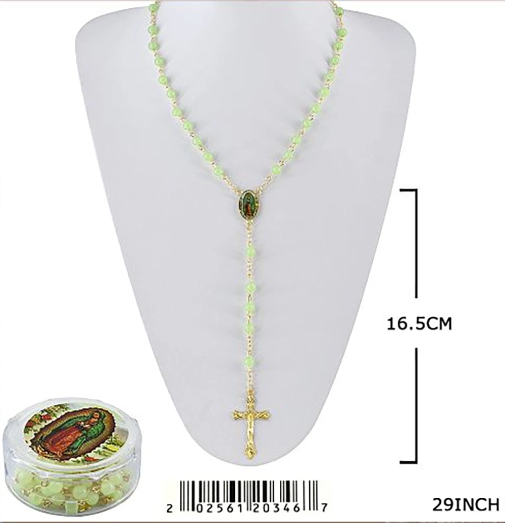 29-Inch Glow-in-the-Dark Catholic Rosary Necklace Set with Case – Our Lady of Guadalupe & St. Jude Luminous Bead Rosaries, Bulk 12-Piece Pack (GMR-346)