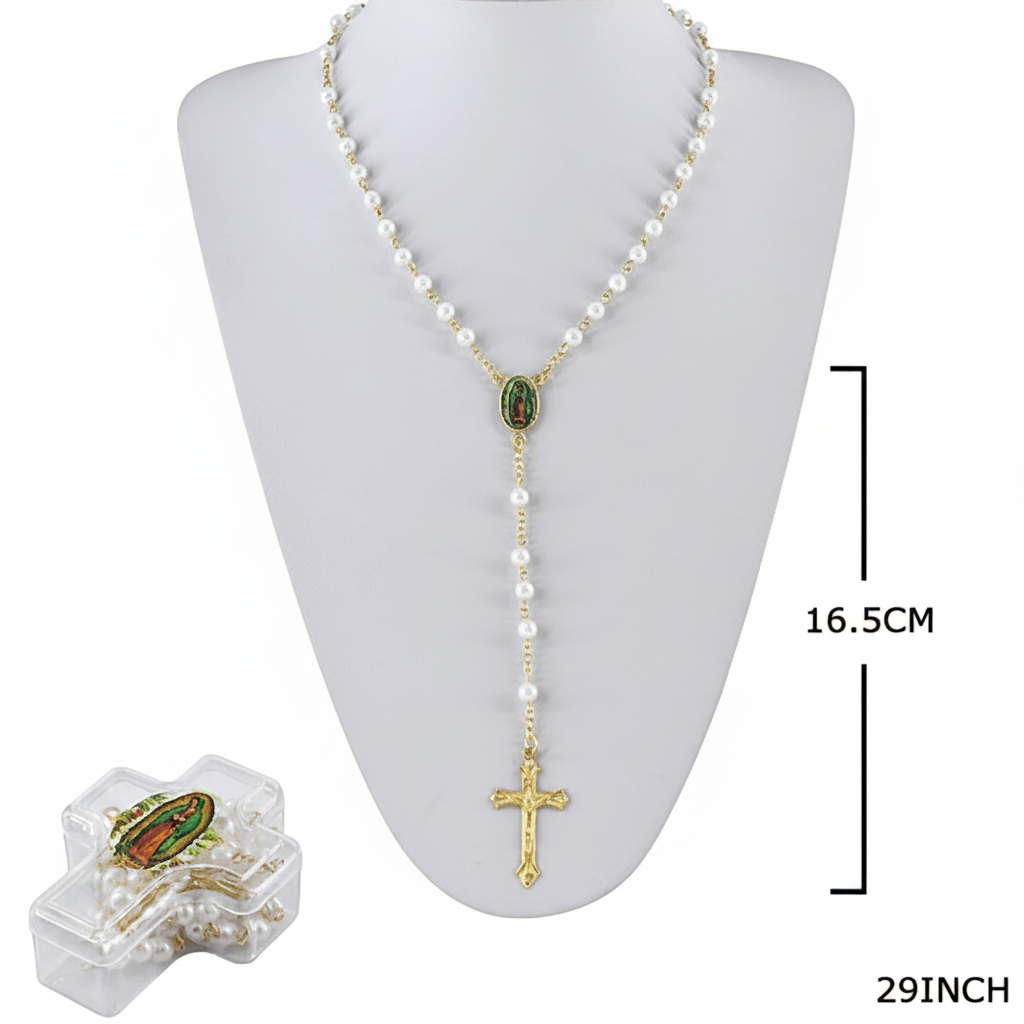 Our Lady of Guadalupe & St. Jude Pearl Rosary Necklace (12-Piece Bulk Set) – 29" Gold & Silver Plated Catholic Rosaries (GMR-347)