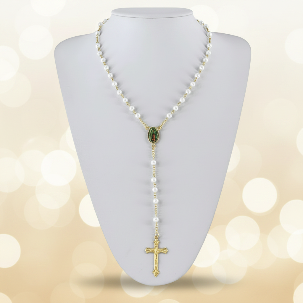 Our Lady of Guadalupe & St. Jude Pearl Rosary Necklace (12-Piece Bulk Set) – 29" Gold & Silver Plated Catholic Rosaries (GMR-347)
