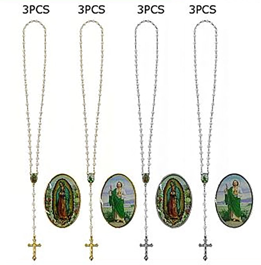 Our Lady of Guadalupe & St. Jude Pearl Rosary Necklace (12-Piece Bulk Set) – 29" Gold & Silver Plated Catholic Rosaries (GMR-347)