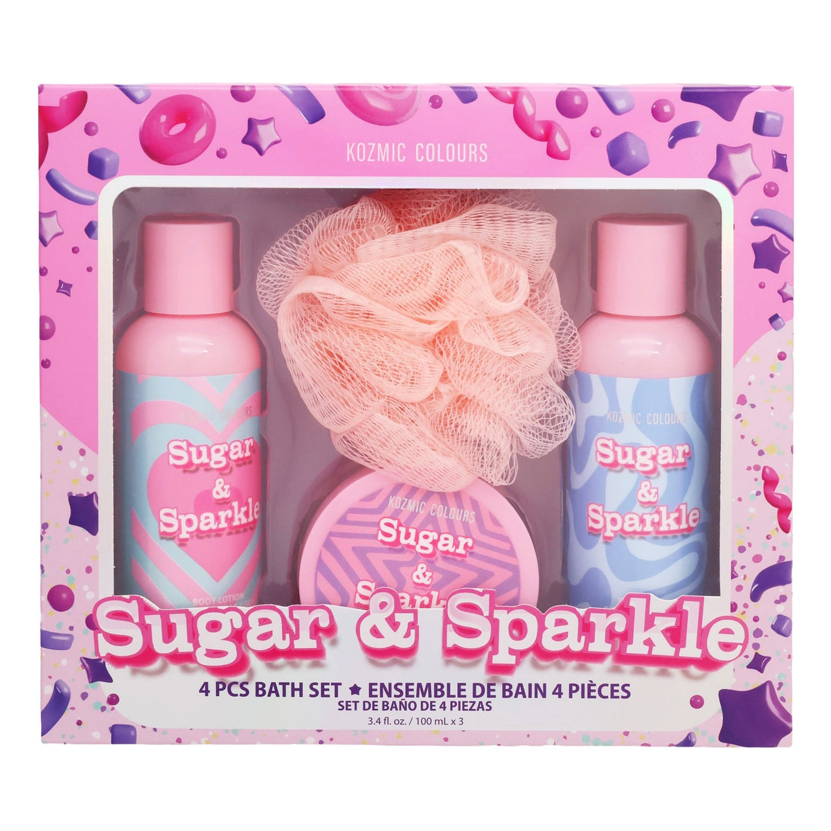 Kozmic Colours Sugar & Sparkle 4-Piece Bath Set – Body Wash, Bath Essentials & Fragrance Gift Set