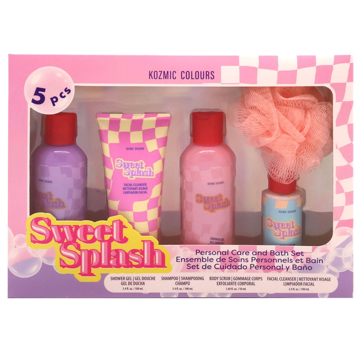 Kozmic Colours Sugar & Sparkle 5-Piece Personal Care and Bath Set – Shower Gel, Shampoo, Body Scrub & Facial Cleanser