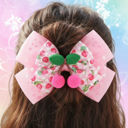 Sweet Cherry Plaid Hair Bow (15CM) with Plush Pom-Pom Accents - Kawaii Coquette Style  Product Description