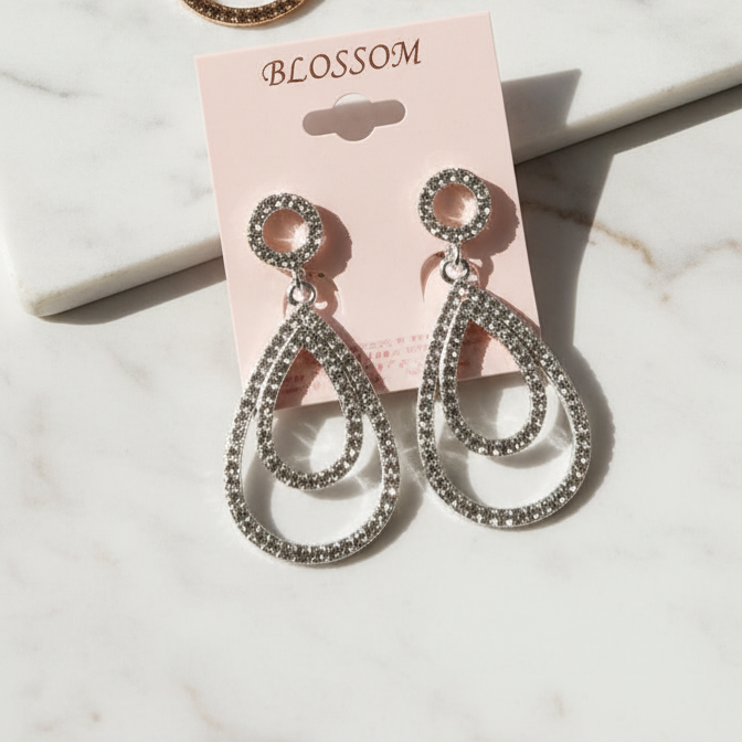 Triple Pave Teardrop Dangle Earrings | Crystal Statement Hoops