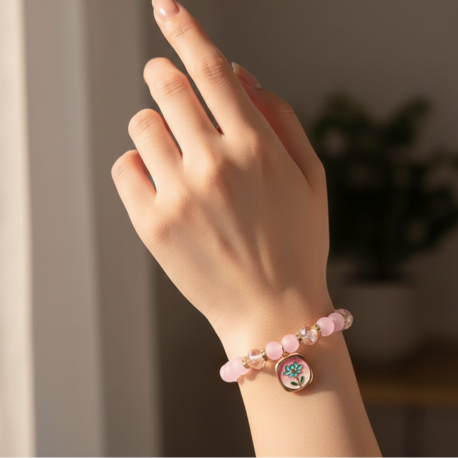 Elegant Pink Lotus Charm Beaded Bracelet