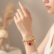 Heart Charm Bracelet - Gold & Silver Tone Multi-Charm Jewelry Set with Red & Pink Enamel Hearts