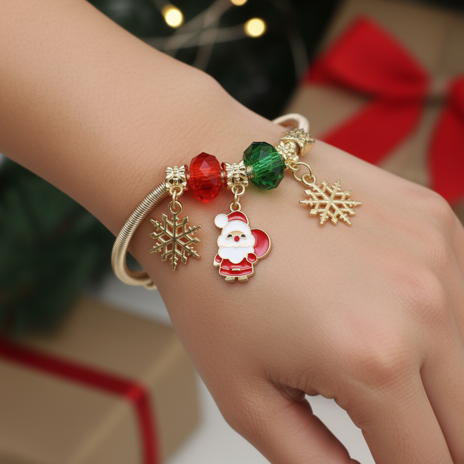 Bring the Magic of Christmas to Your Wrist with Our Golden Santa Charm Bracelet!
