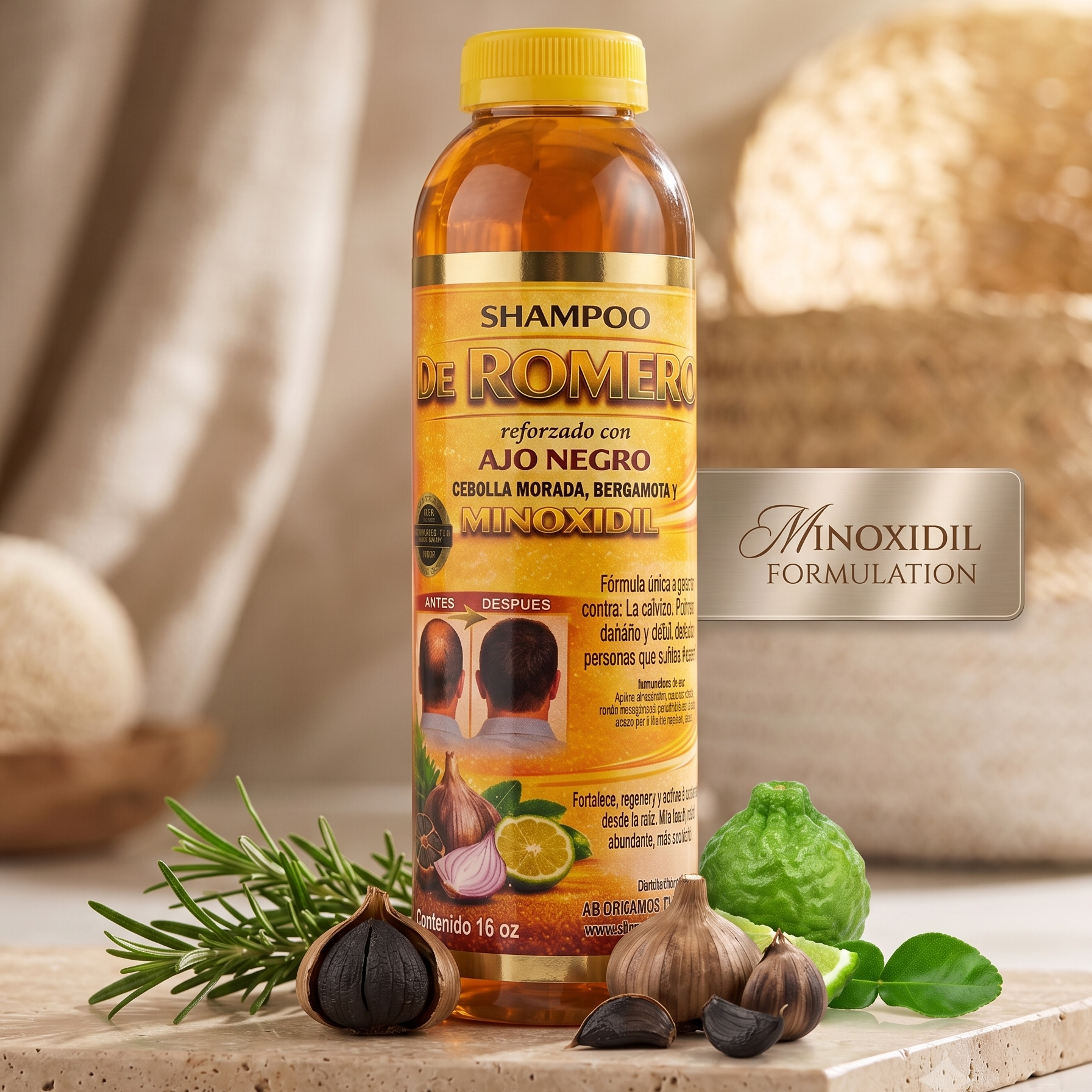 Rosemary Shampoo Reinforced with Black Garlic, Red Onion, Bergamot & Minoxidil - 16 oz (6-Pack) | Hair Loss & Growth Treatment