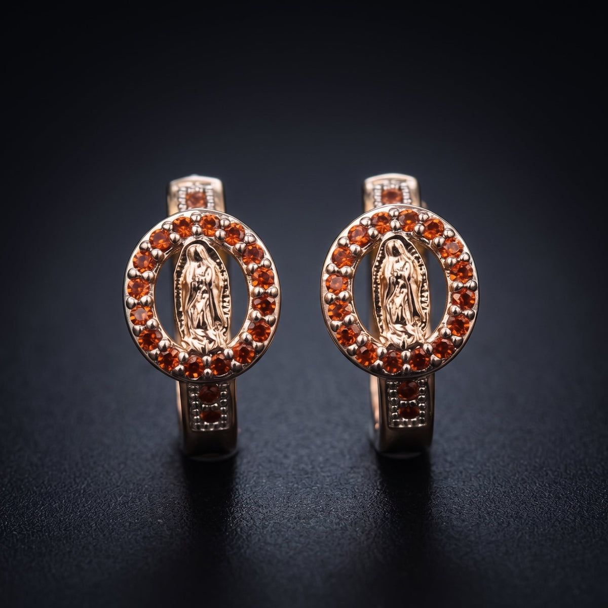 E14591-4 - Gold Plated Virgin Mary Hoop Earrings with Red Cubic Zirconia Halo | Religious Jewelry Gift