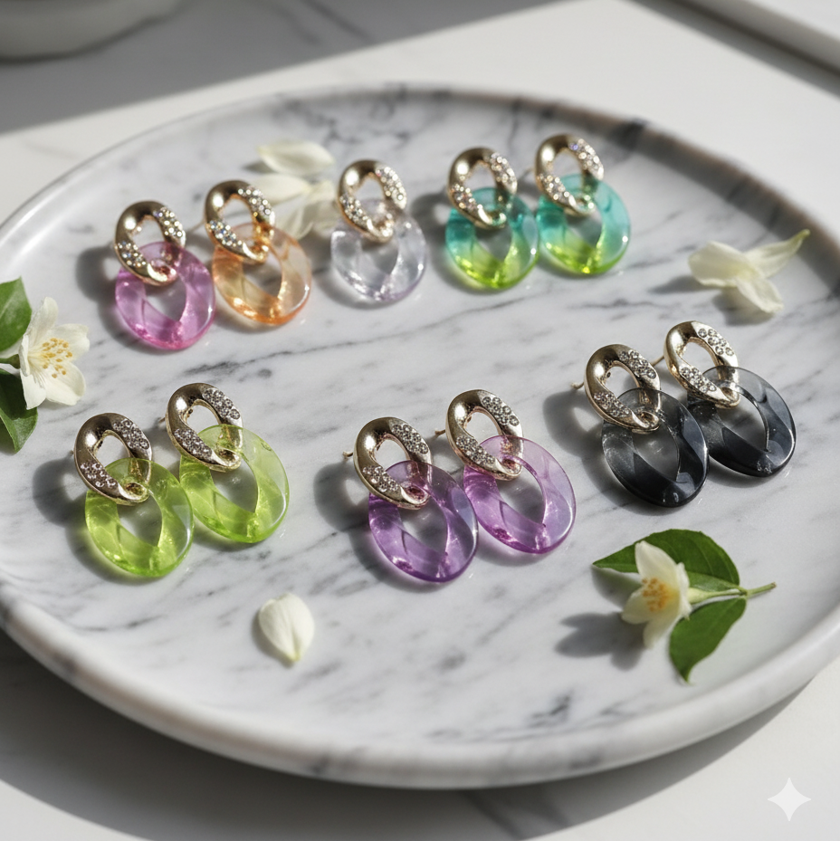 Sparkling Acrylic Link Earrings | Crystal Pave Accent Statement Drop