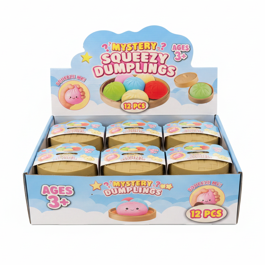 Mystery Squeezy Dumplings Fidget Toys (12-Piece Display Box) – Cute Glitter Squishy Stress Balls, Kawaii Sensory Toys for Kids & Adults, Anxiety Relief, Party Favors, Blind Box Surprise