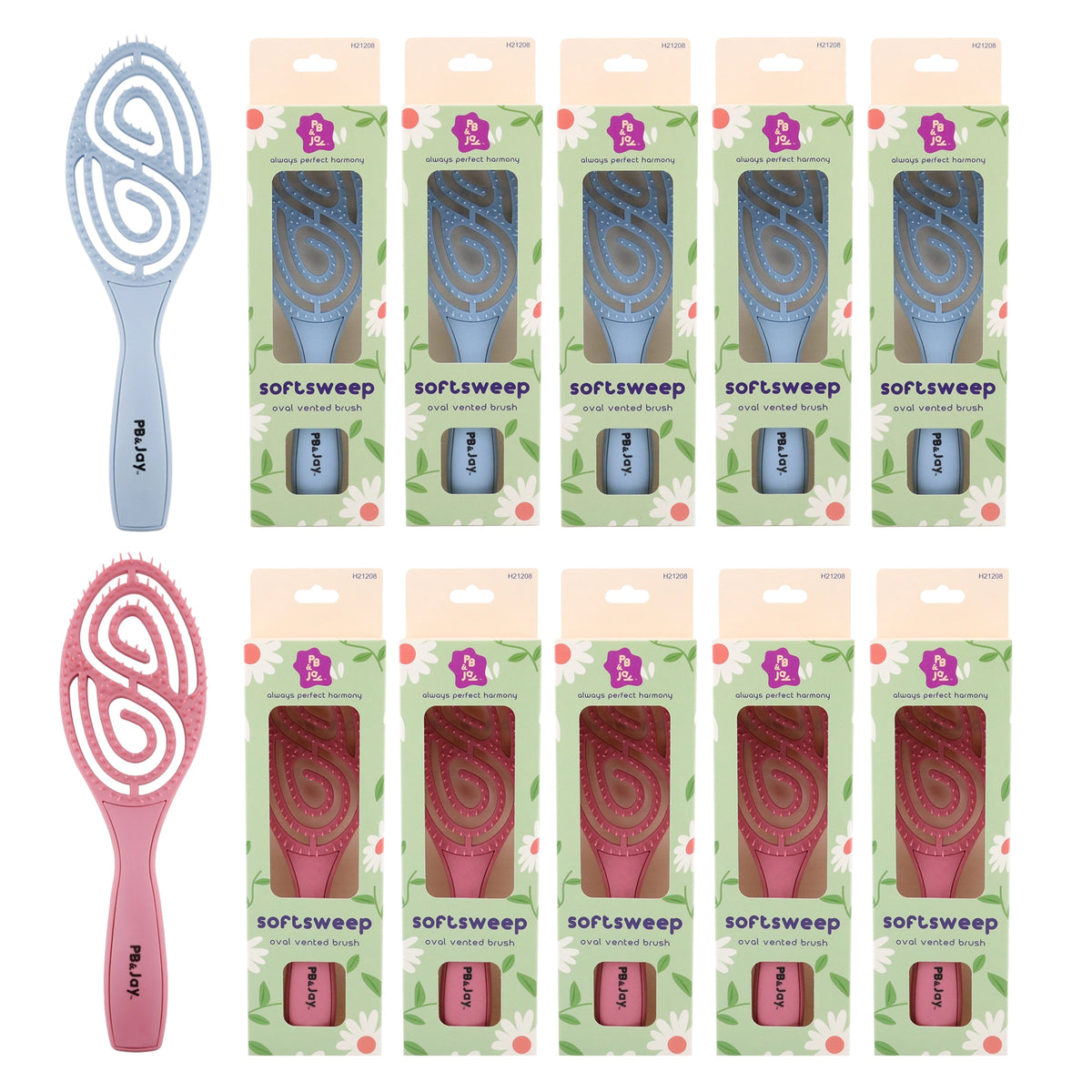 PB & Jay Softsweep Swirl Oval Vented Detangling Hair Brush – Soft Blue & Berry Pink 12pcs