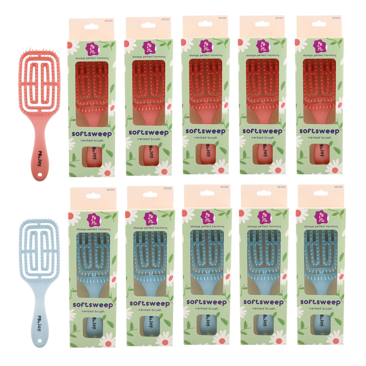 PB & Jay Softsweep Vented Detangling Hair Brush – Coral Pink & Powder Blue (12pcs)