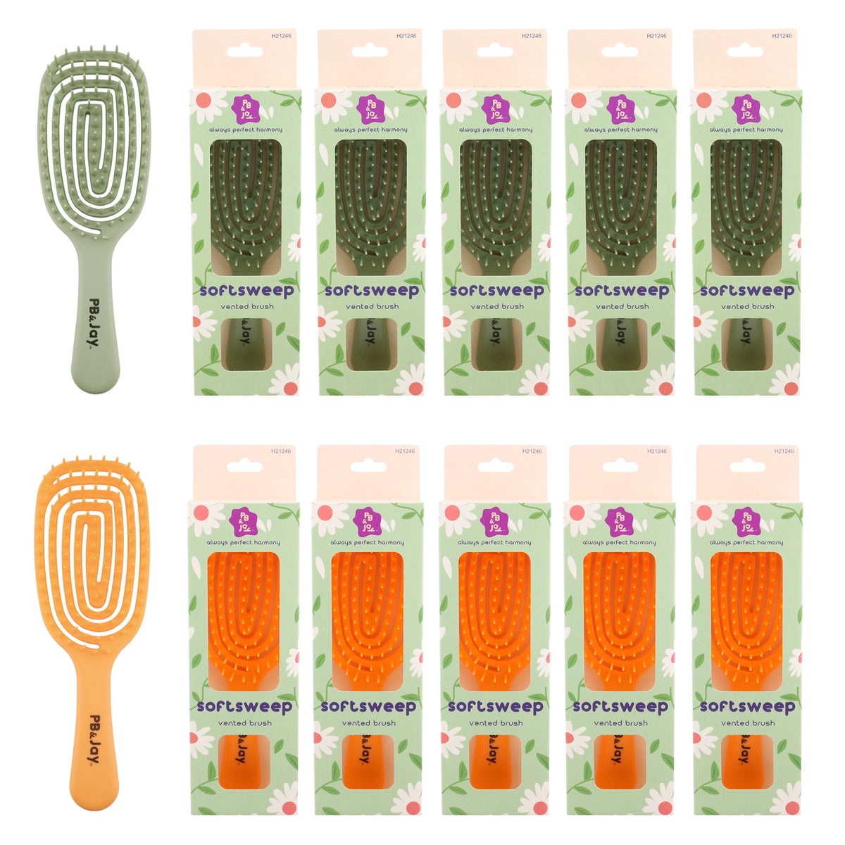 PB & Jay Softsweep Curved Vented Detangling Hair Brush – Sage Green & Apricot Orange 12pcs
