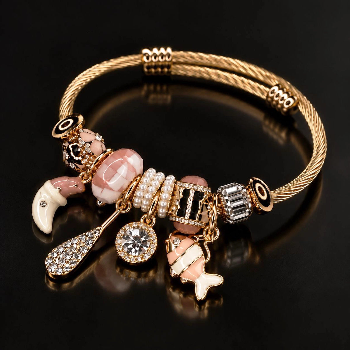 HB00001 - Gold Plated Charm Bracelet with Crystal & Enamel Charms – 100% Brass Fashion Jewelry