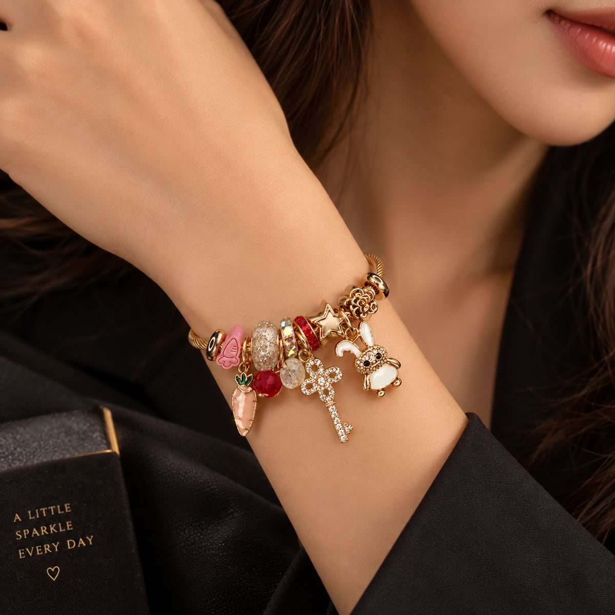 HB00002 - Gold Plated Brass Charm Bracelet with Colorful Beads, Rhinestones & Bunny Charm