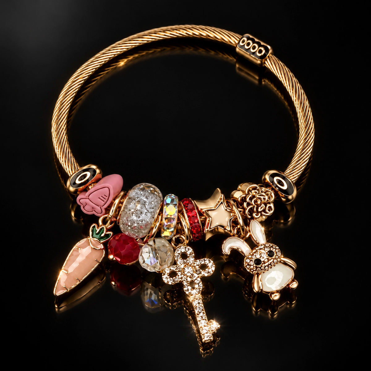 HB00002 - Gold Plated Brass Charm Bracelet with Colorful Beads, Rhinestones & Bunny Charm