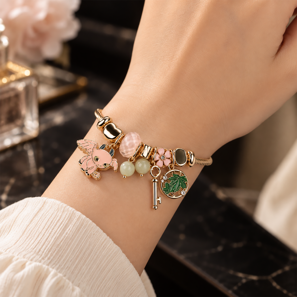 HB00003 - Gold Plated Charm Bracelet for Women – 100% Brass Twisted Bangle with Pink & Green Enamel Charms
