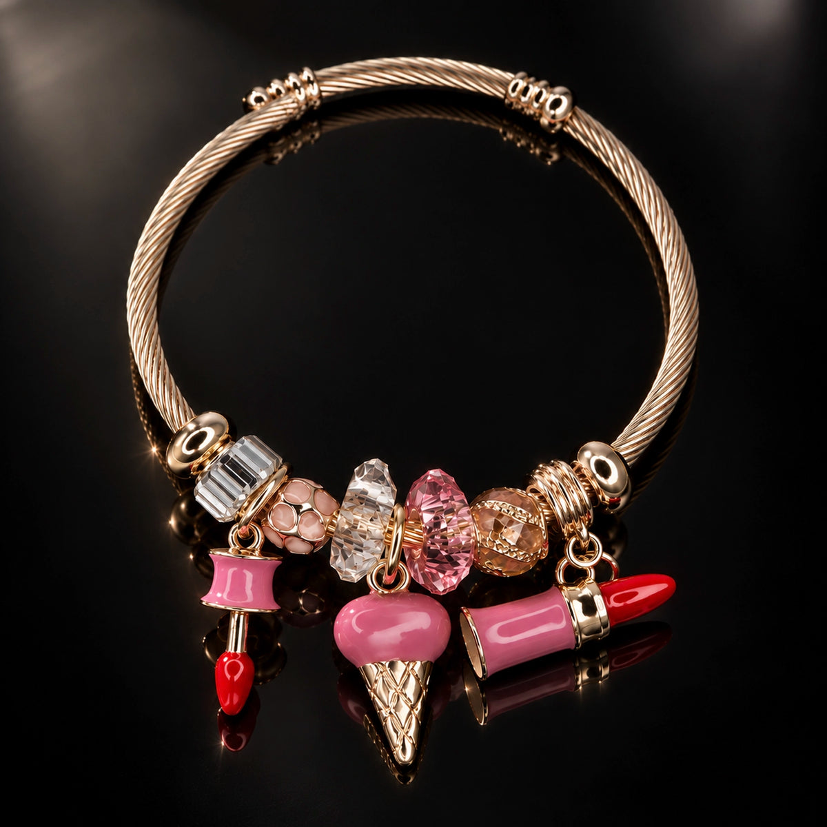 HB00004 - Gold Plated Makeup Charm Bracelet – 100% Brass Pink Crystal & Lipstick Charm Bangle