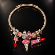 HB00004 - Gold Plated Makeup Charm Bracelet – 100% Brass Pink Crystal & Lipstick Charm Bangle