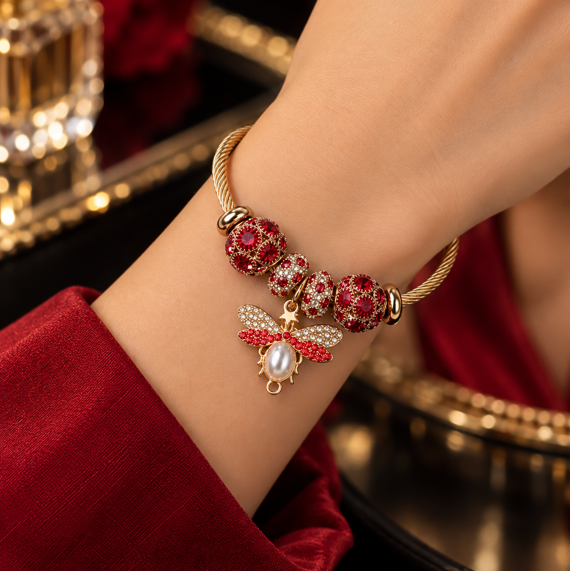 HB00006 - 18K Gold Plated Red Crystal Dragonfly Charm Bangle Bracelet – 100% Brass
