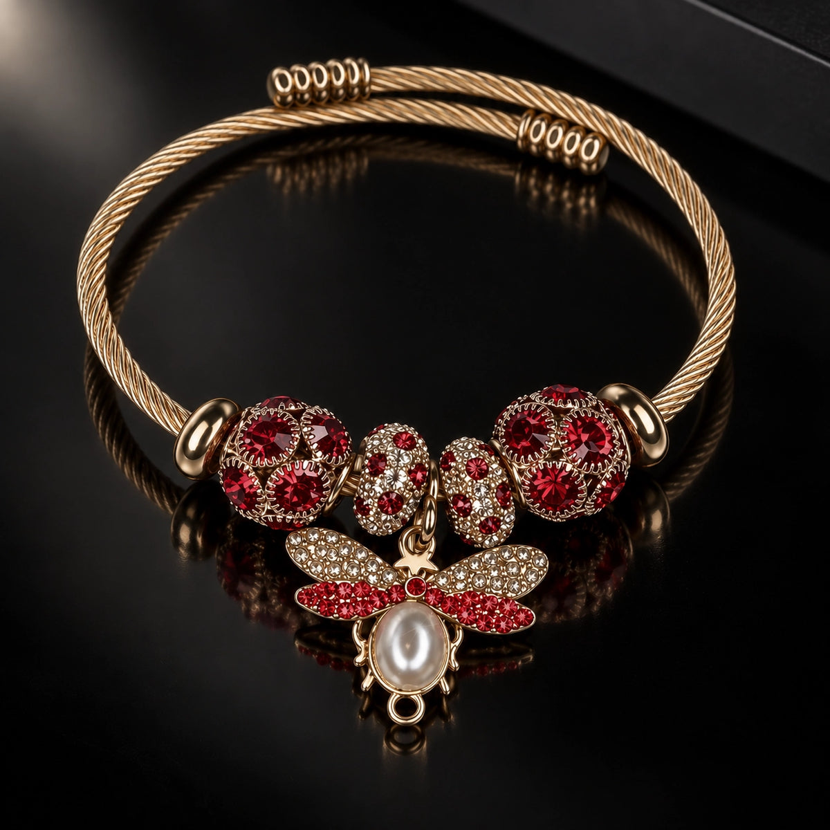 HB00006 - 18K Gold Plated Red Crystal Dragonfly Charm Bangle Bracelet – 100% Brass
