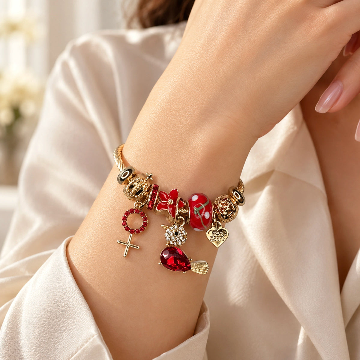 HB00007 - Ruby Radiance Gold-Plated Charm Bracelet with Red Bead, Crystal, Heart & Cross Charms – 100% Brass
