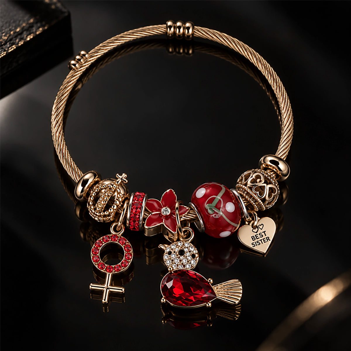 HB00007 - Ruby Radiance Gold-Plated Charm Bracelet with Red Bead, Crystal, Heart & Cross Charms – 100% Brass