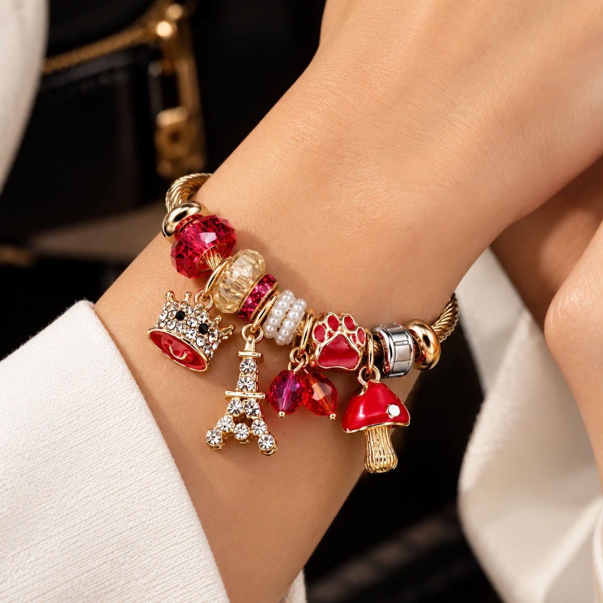 HB00008 - Gold Plated Red Charm Bracelet – 100% Brass Twisted Cable Bangle with Paris Mushroom Crown Rhinestone & Enamel Charms