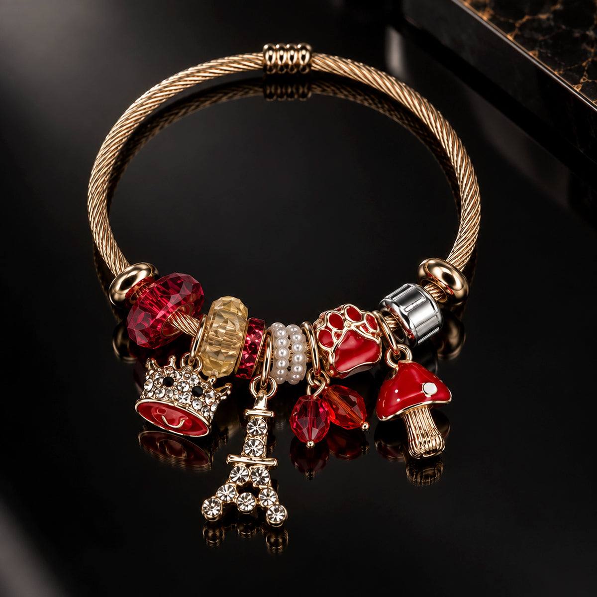 HB00008 - Gold Plated Red Charm Bracelet – 100% Brass Twisted Cable Bangle with Paris Mushroom Crown Rhinestone & Enamel Charms