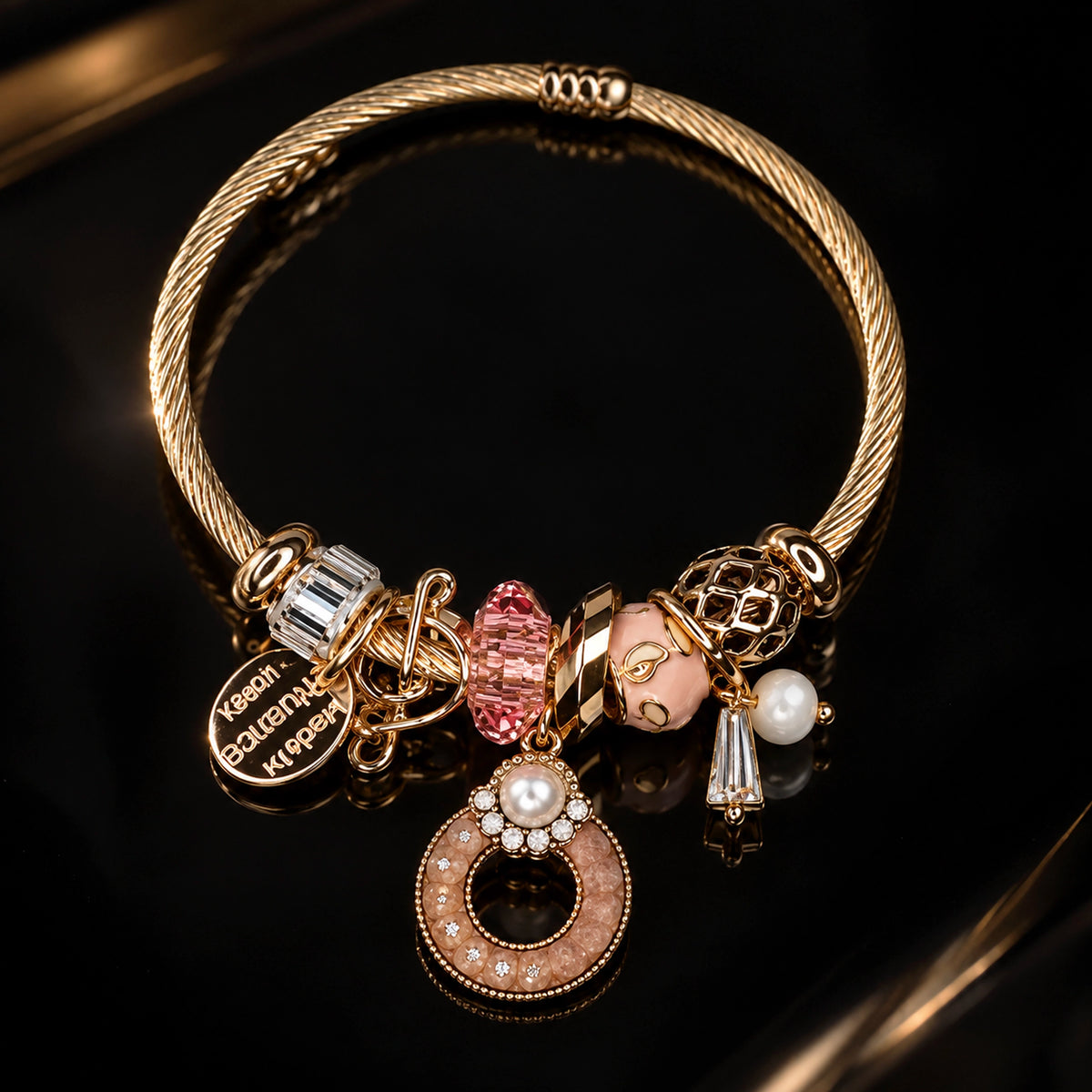 HB00010 - Gold Plated Charm Bracelet with Pink Donut Pendant, Crystal Accents & Pearl Details – 100% Brass