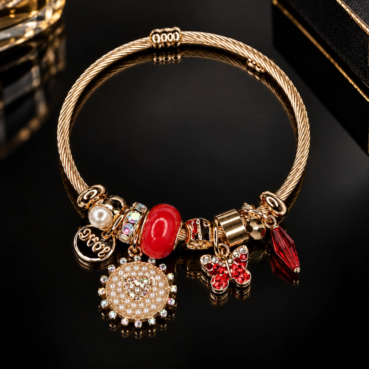 HB00014 - Gold Plated Charm Bracelet with Red Enamel, Pearl & Crystal Heart – 100% Brass