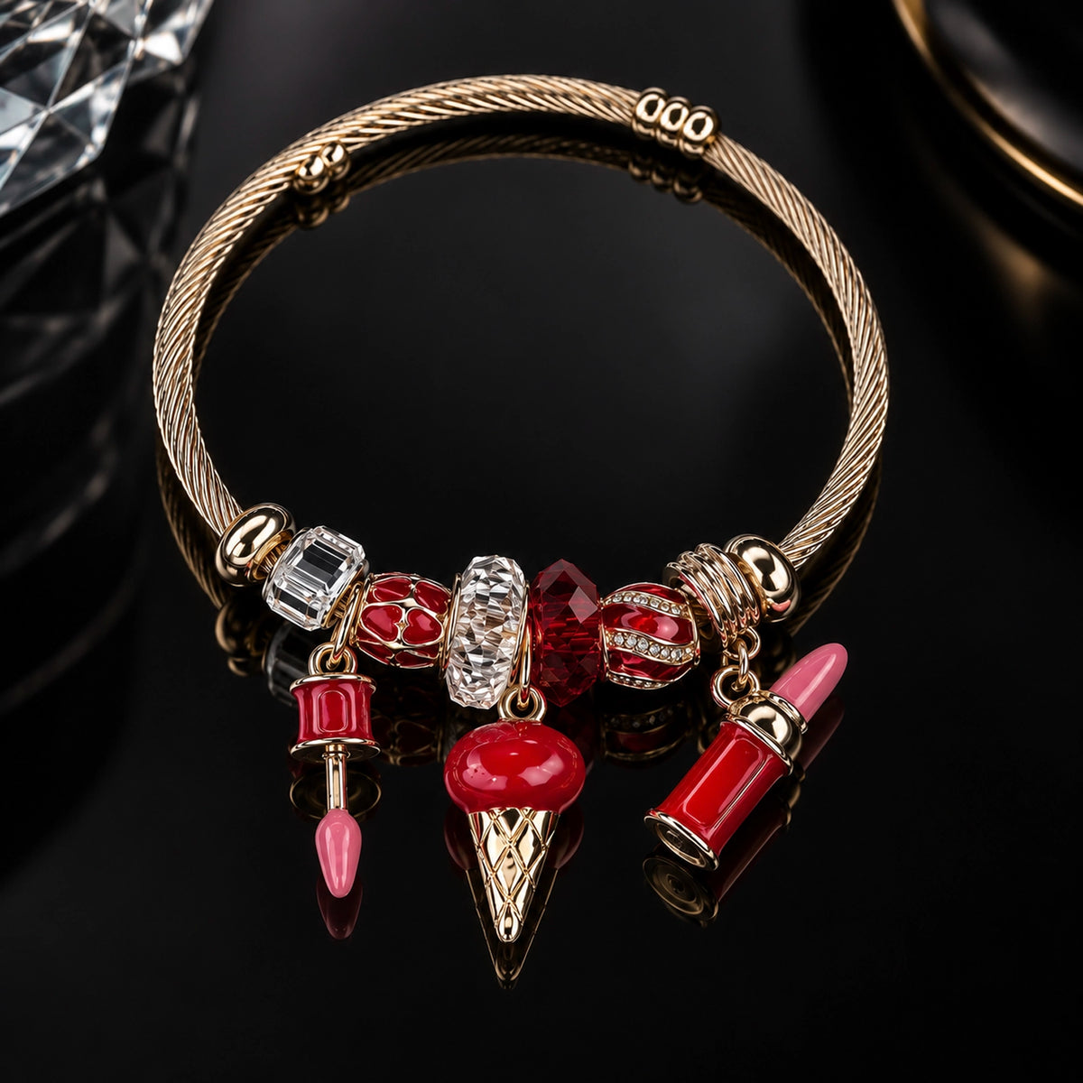 HB00015 - Gold-Plated Lipstick Red & Pink Beauty Charm Bracelet – 100% Brass